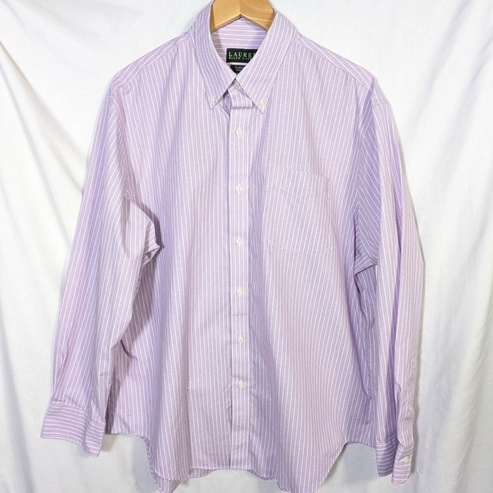Lauren Ralph Lauren Classic‎ Fit Lite Purple White Striped Preppy Shirt 17 1/2